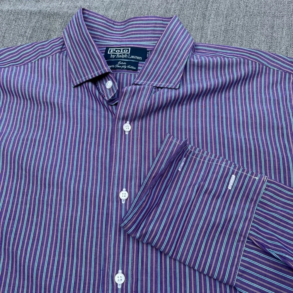 Polo Ralph Lauren Estate Shirt Mens 16.5 34 Purple Teal Striped 2-Ply Cotton